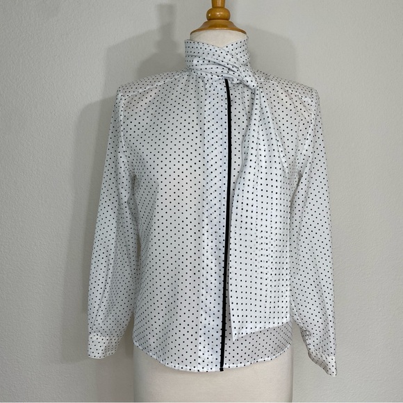 Vintage Laura & Jayne Black White Polka Dot Neck Tie Button Down Blouse Size 12P - Picture 1 of 16